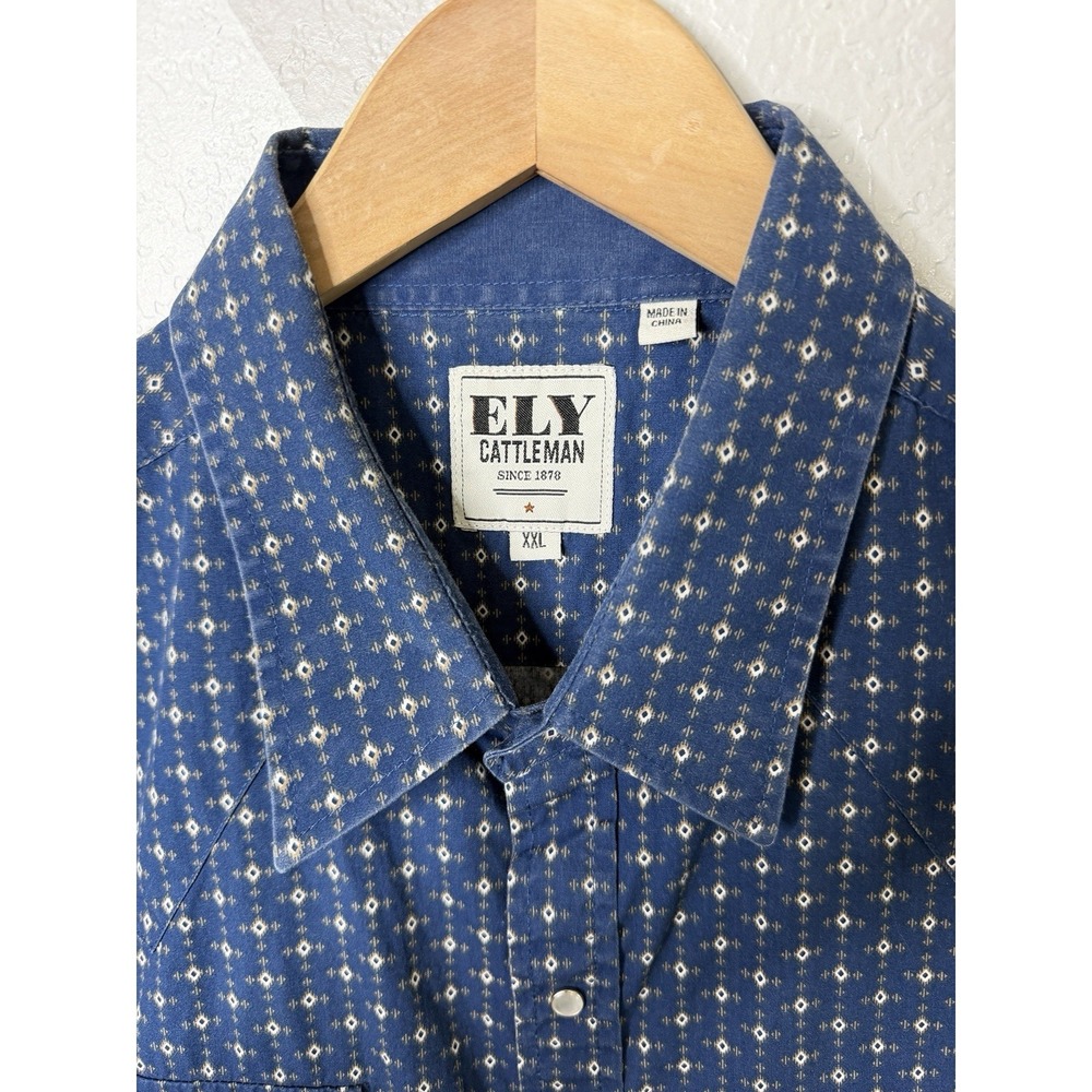 Ely Cattleman Mens Blue Geometric Pearl Snap Western Shirt Short Sleeve XXL 2XL - Picture 5 of 14